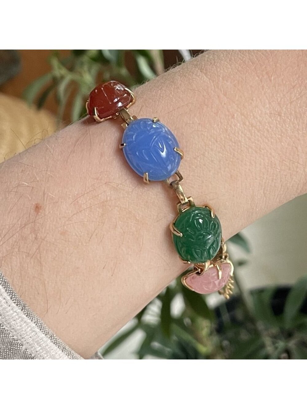 RETRO Mid-Century Modern Vintage Glass Scarab Bracelet Egyptian Revival